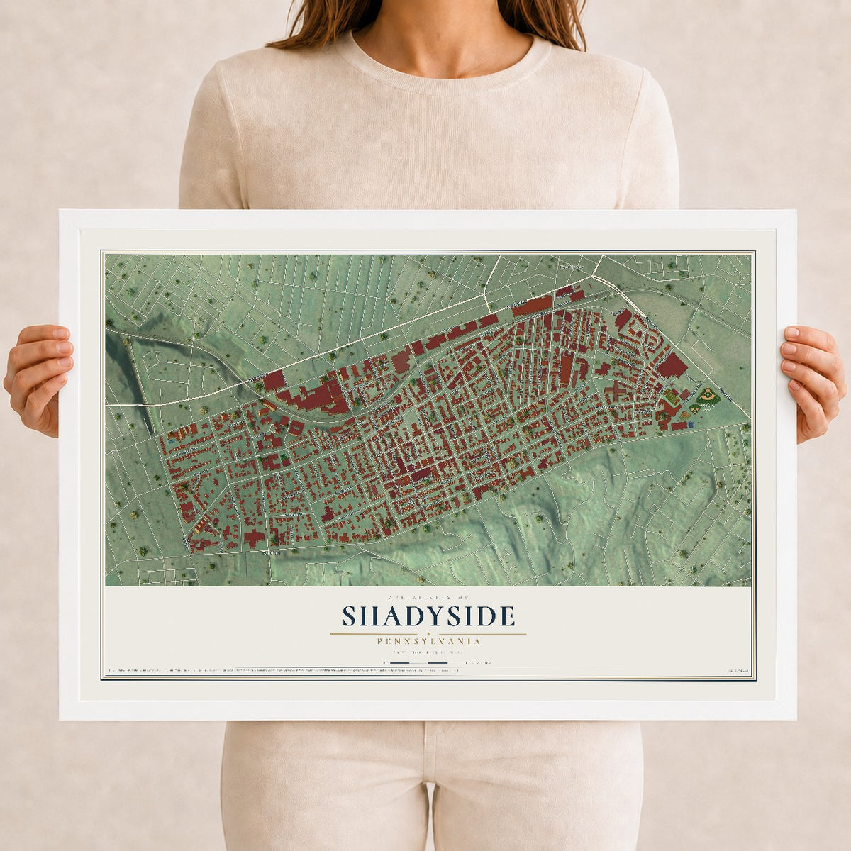 Map of Shadyside, Pennsylvania, 12 x 18 inch print in a white wood frame
