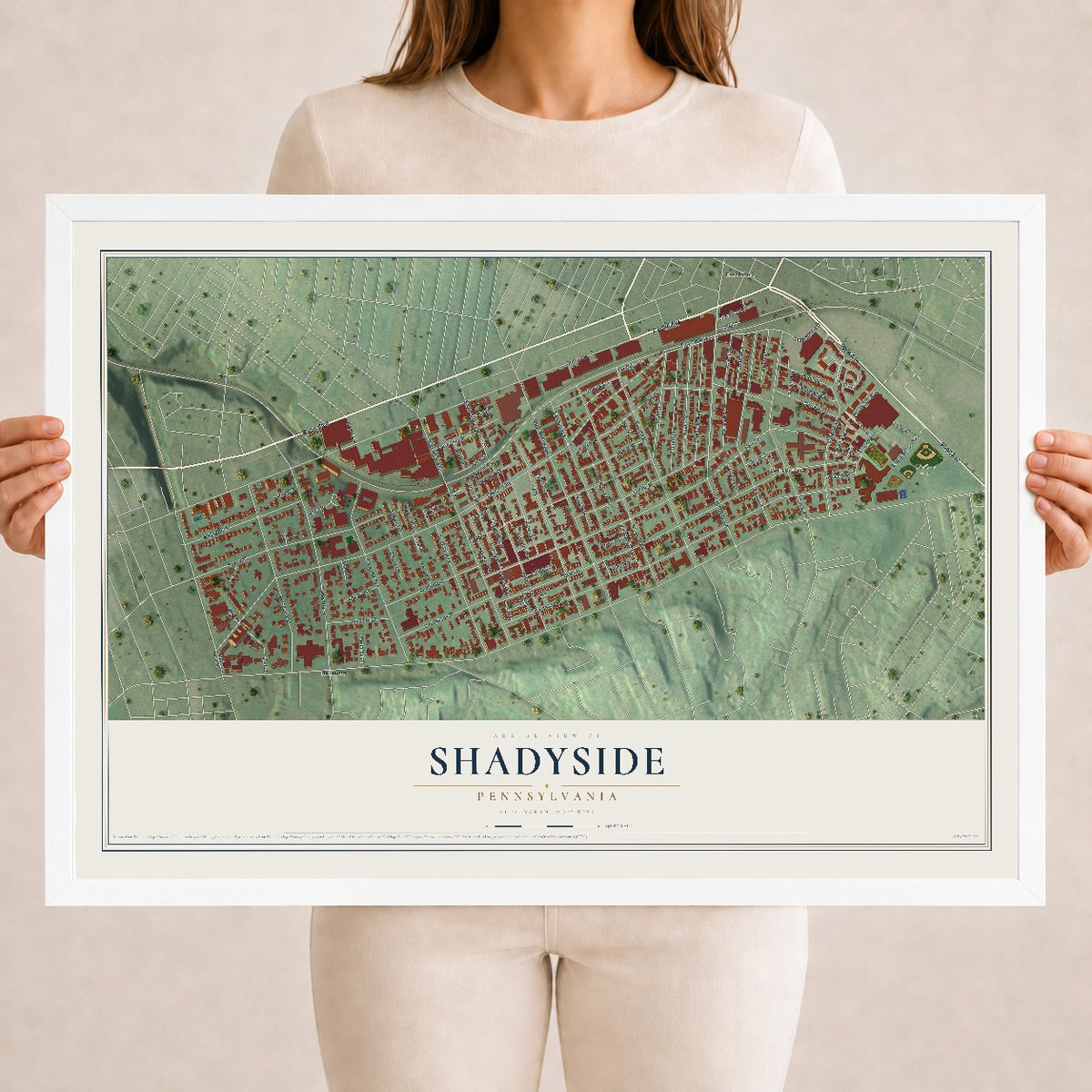 Map of Shadyside, Pennsylvania, 18 x 24 inch print in a white wood frame