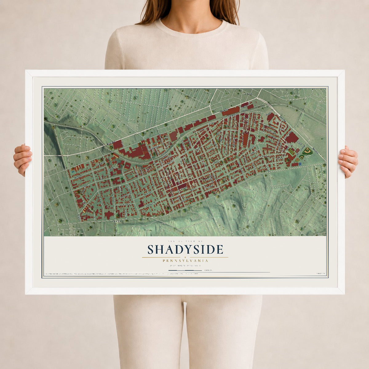 Map of Shadyside, Pennsylvania, 24 x 36 inch print in a white wood frame