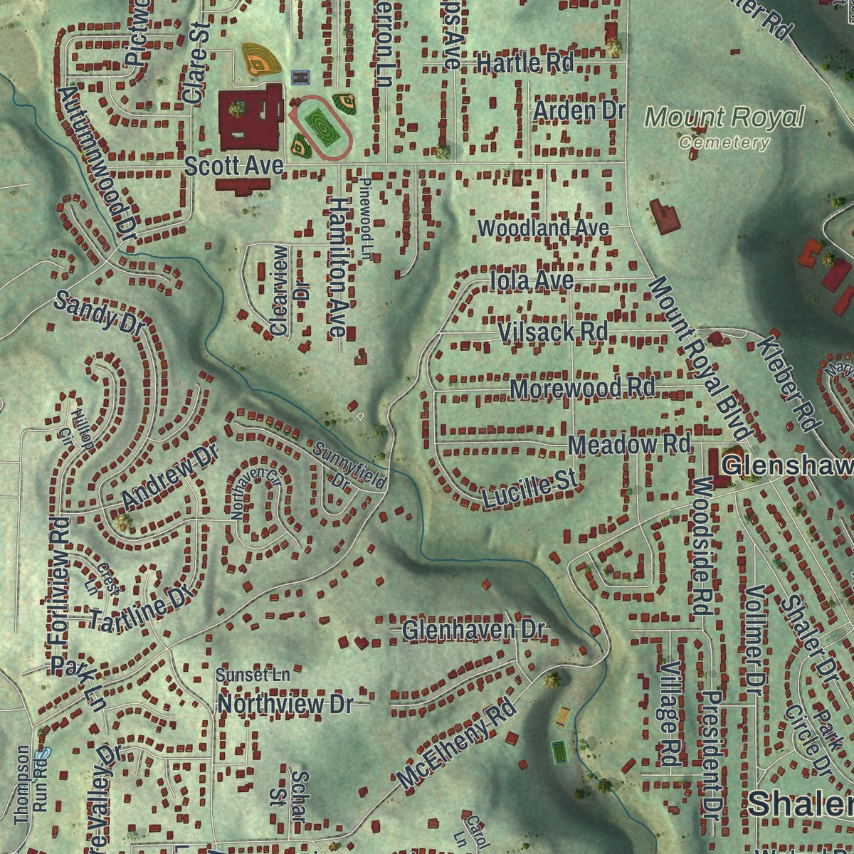 Close-up of the map of Shaler, Pennsylvania print showing street and building detail
