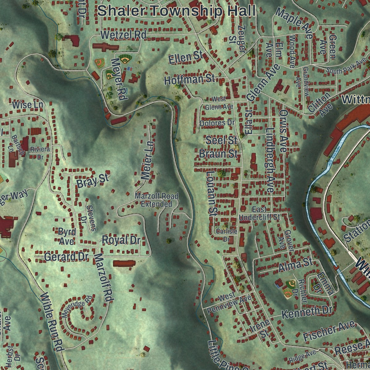 Second close-up of the map of Shaler, Pennsylvania print showing more streets and buildings