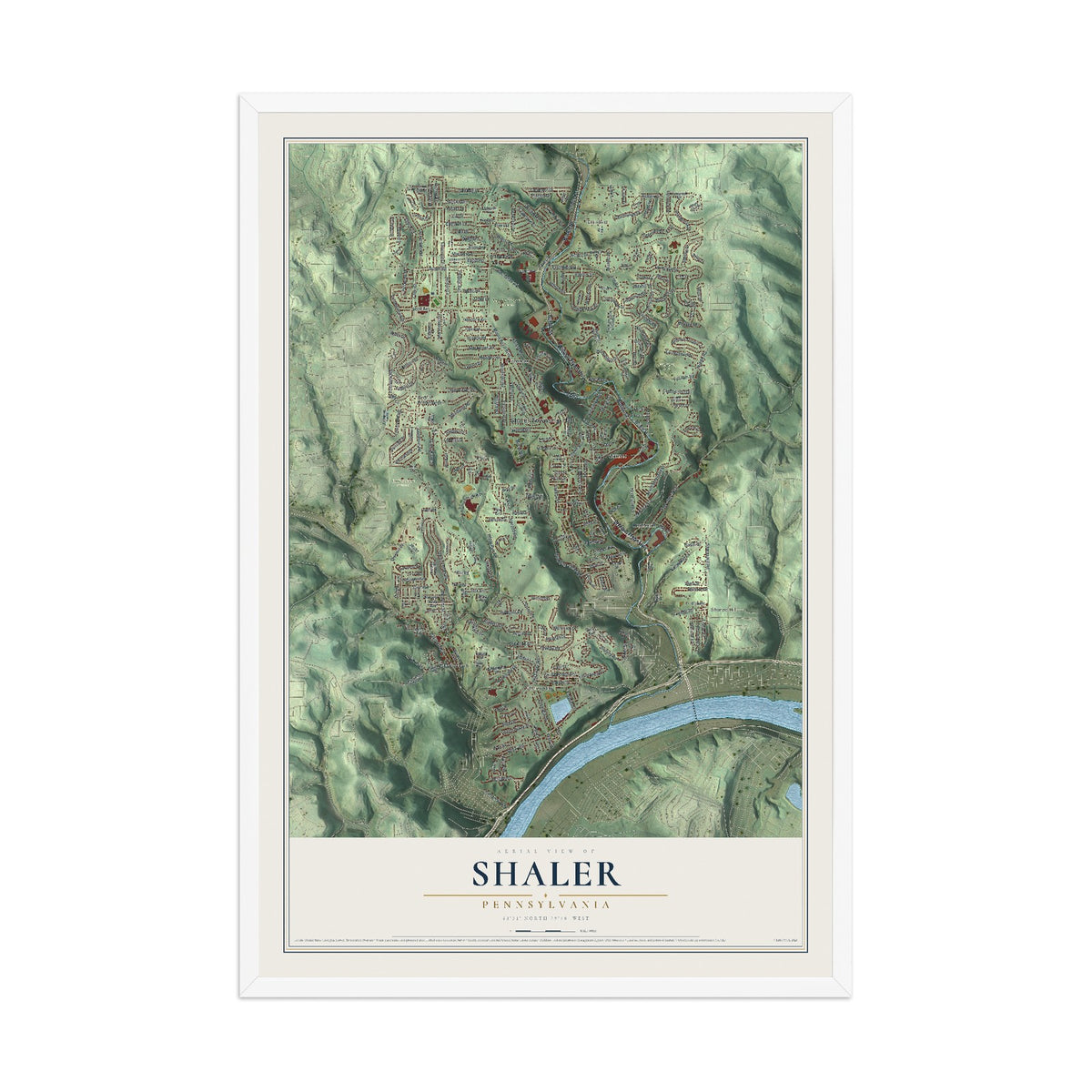 Map of Shaler, Pennsylvania, 12 x 18 inch print in a white wood frame