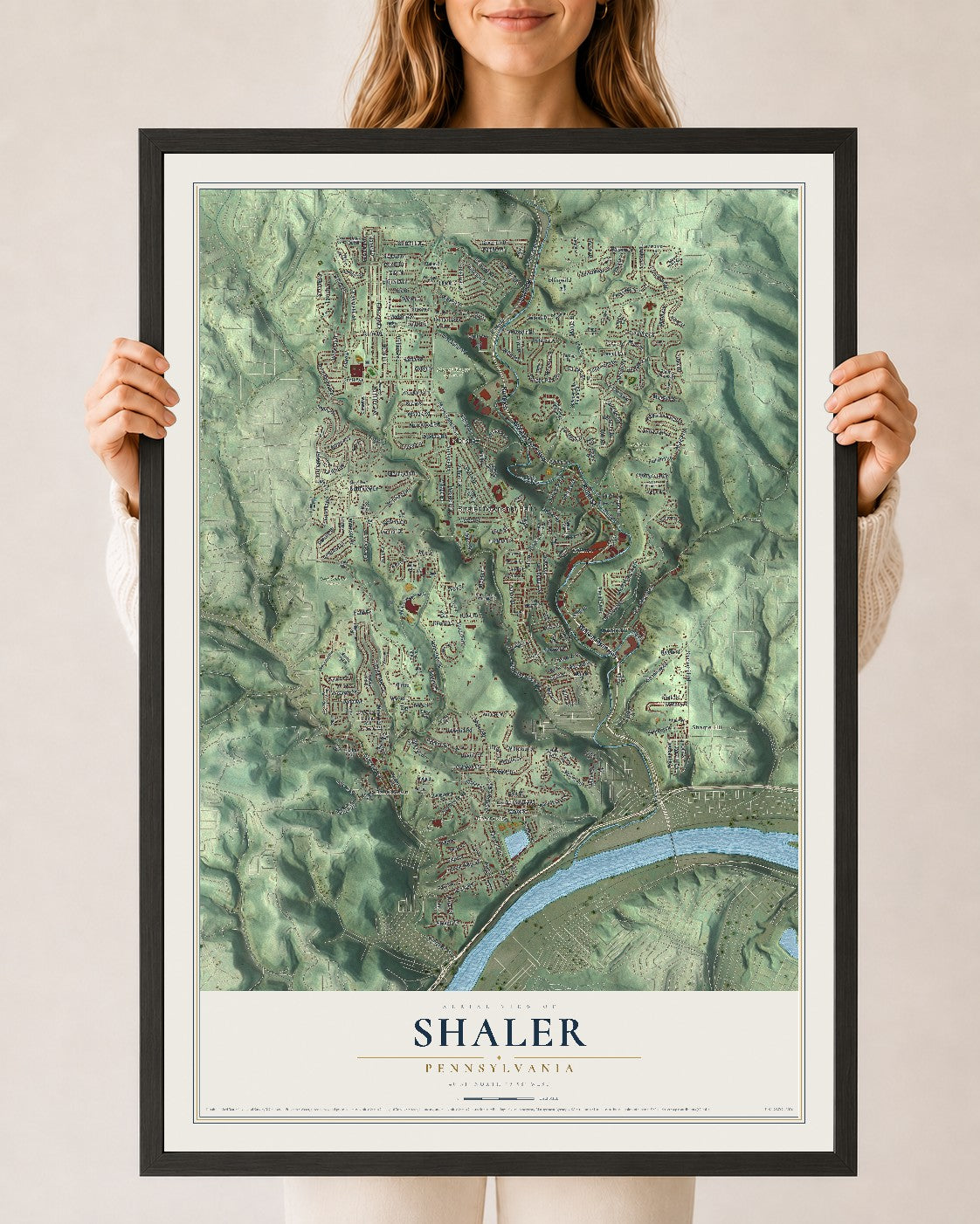 Map of Shaler, Pennsylvania, 24 x 36 inch print in a black wood frame