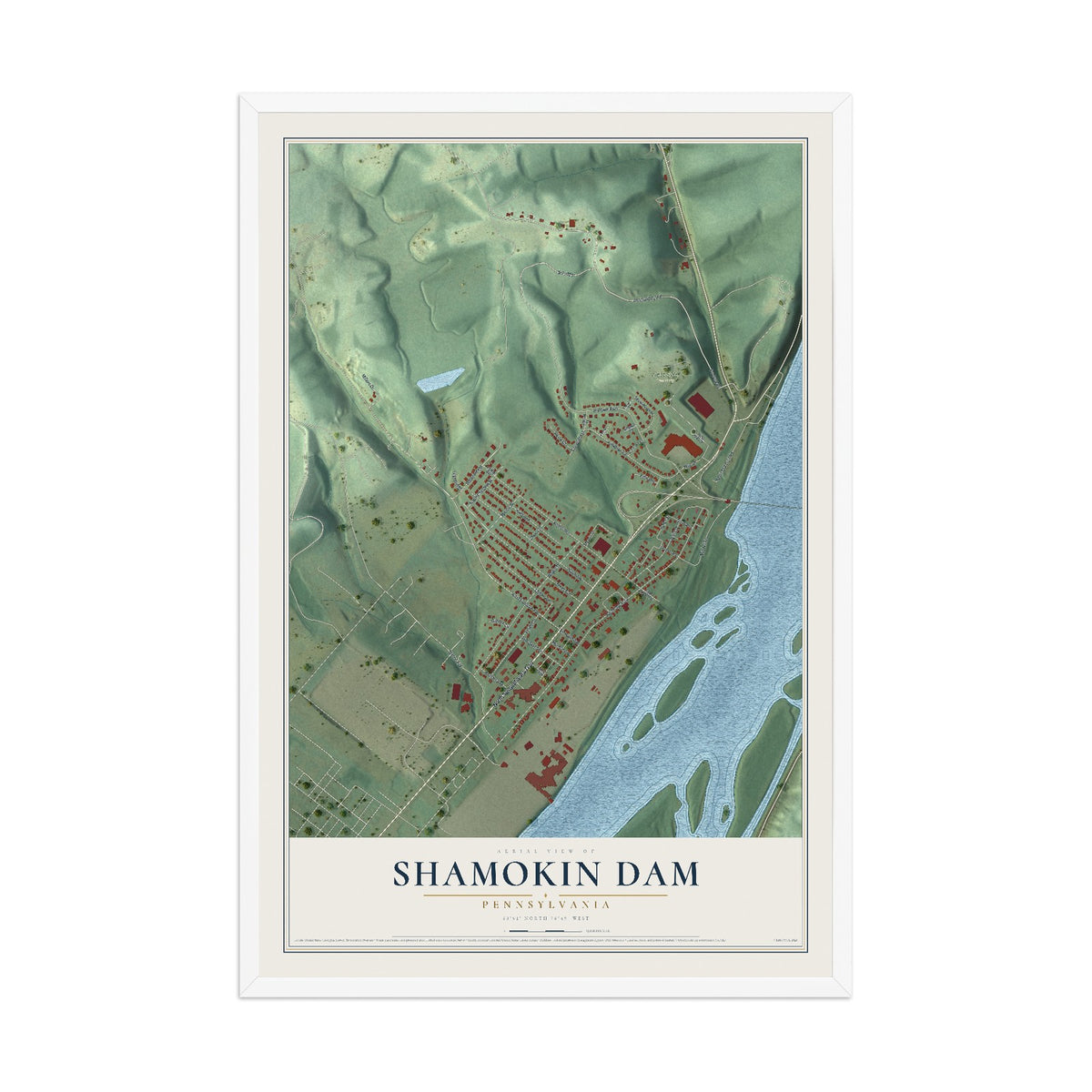 Map of Shamokin Dam, Pennsylvania, 12 x 18 inch print in a white wood frame