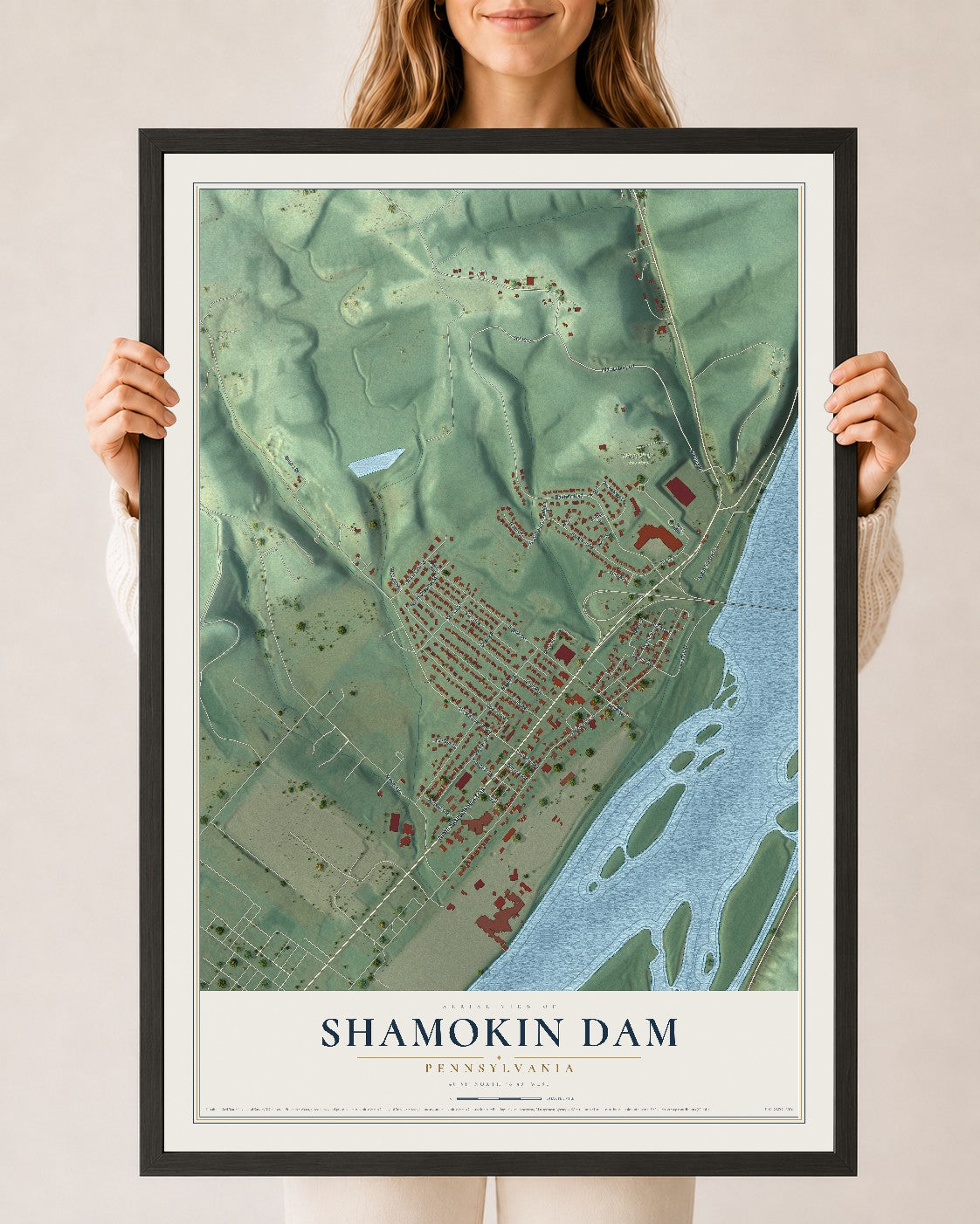 Map of Shamokin Dam, Pennsylvania, 24 x 36 inch print in a black wood frame