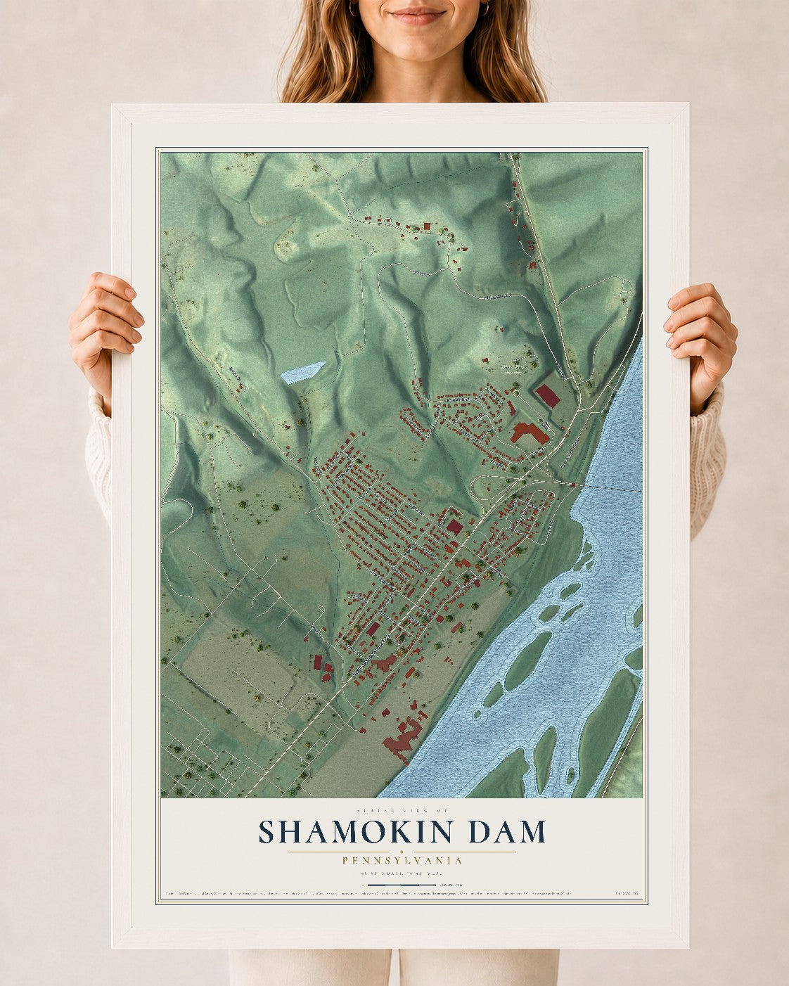 Map of Shamokin Dam, Pennsylvania, 24 x 36 inch print in a white wood frame