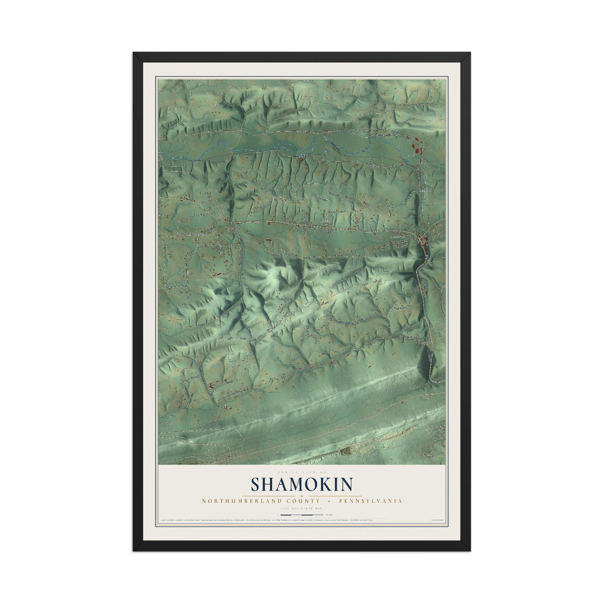 Map of Shamokin, Northumberland County, Pennsylvania, 12 x 18 inch print in a black wood frame