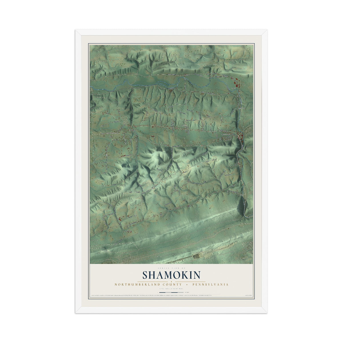 Map of Shamokin, Northumberland County, Pennsylvania, 12 x 18 inch print in a white wood frame