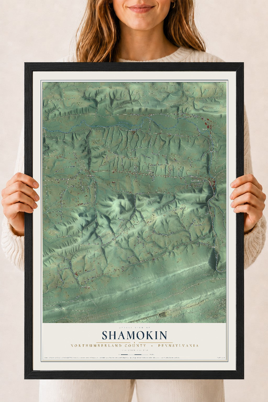 Map of Shamokin, Northumberland County, Pennsylvania, 18 x 24 inch print in a black wood frame