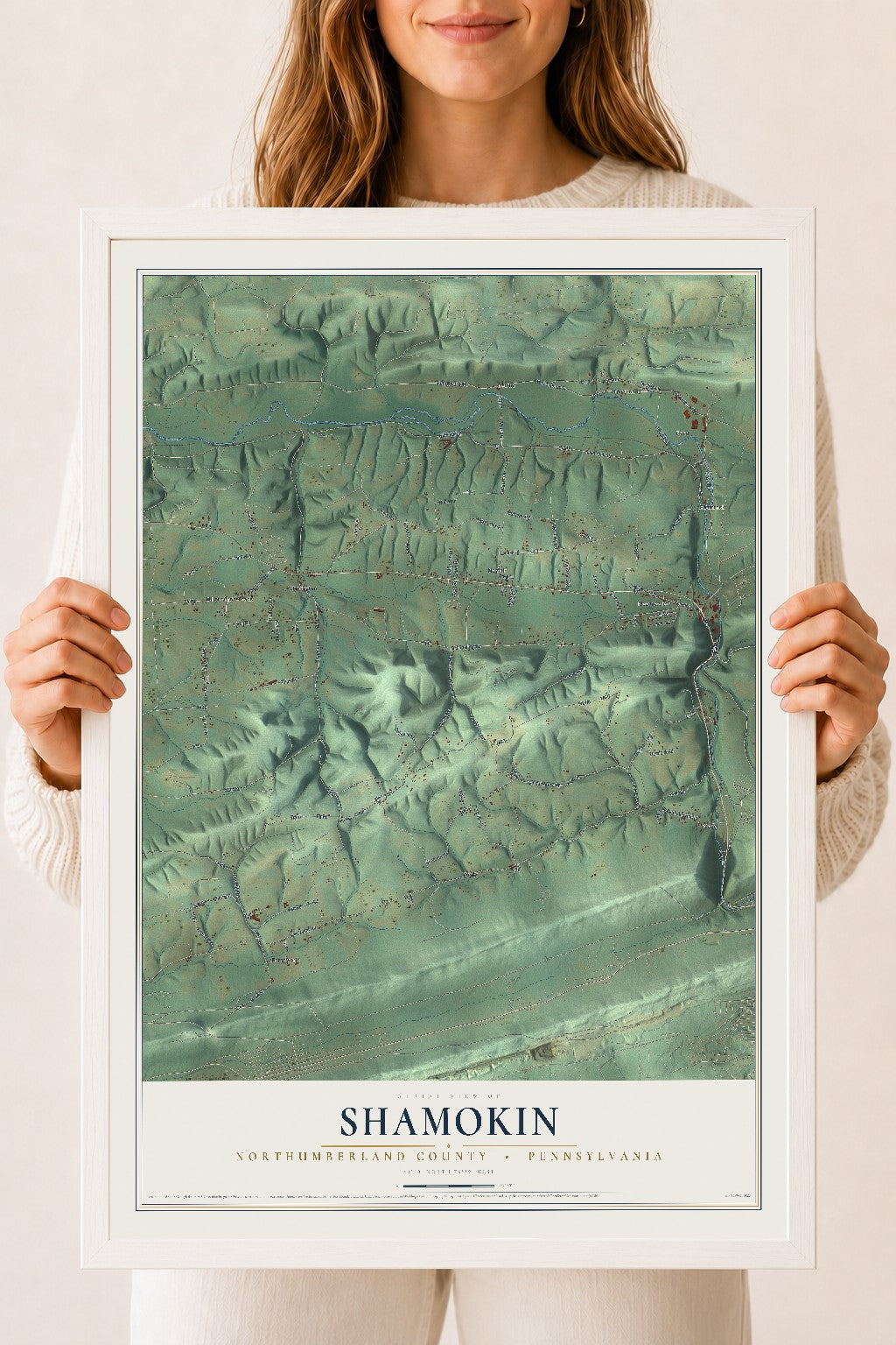 Map of Shamokin, Northumberland County, Pennsylvania, 18 x 24 inch print in a white wood frame
