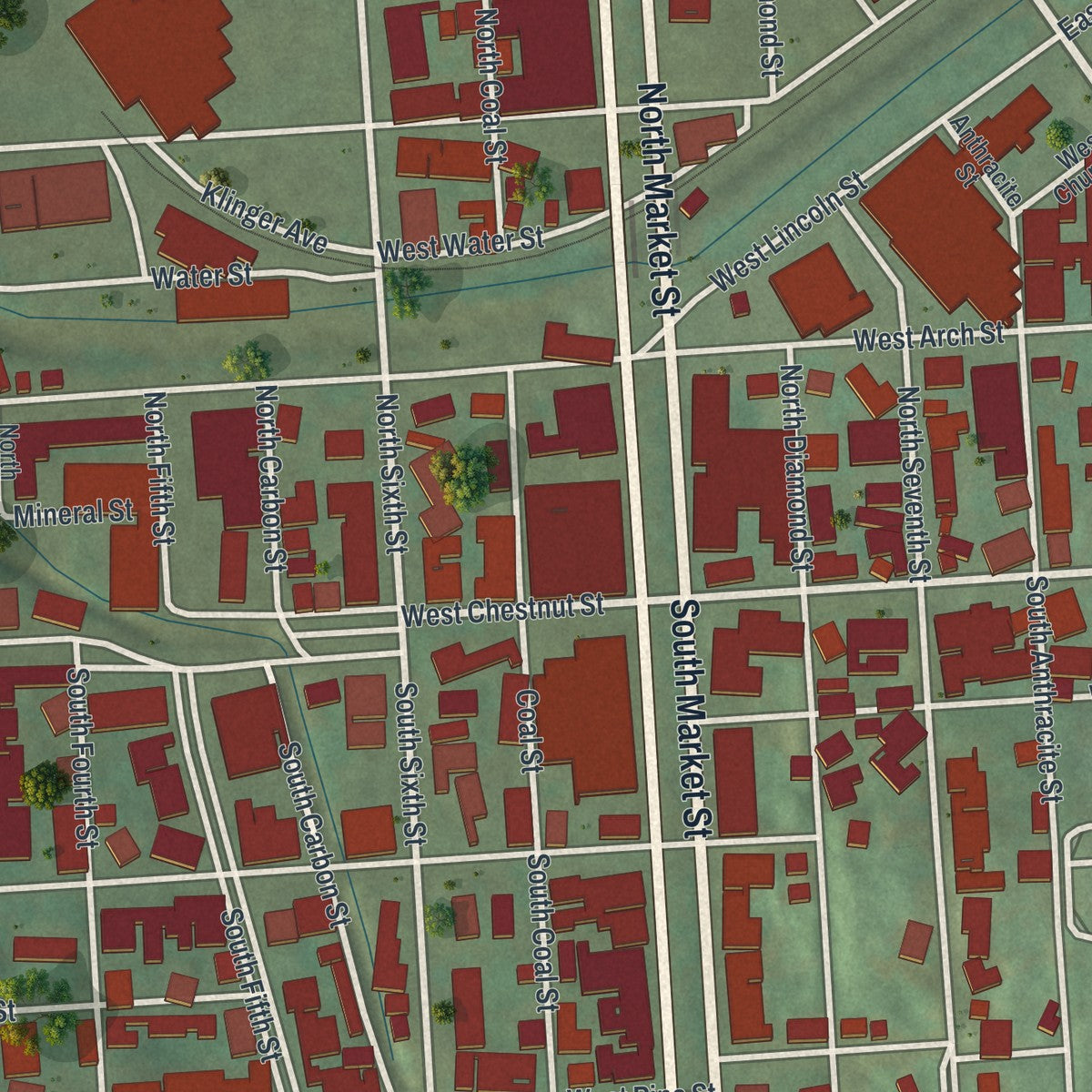 Close-up of the map of the City of Shamokin, Northumberland County, Pennsylvania print showing street and building detail