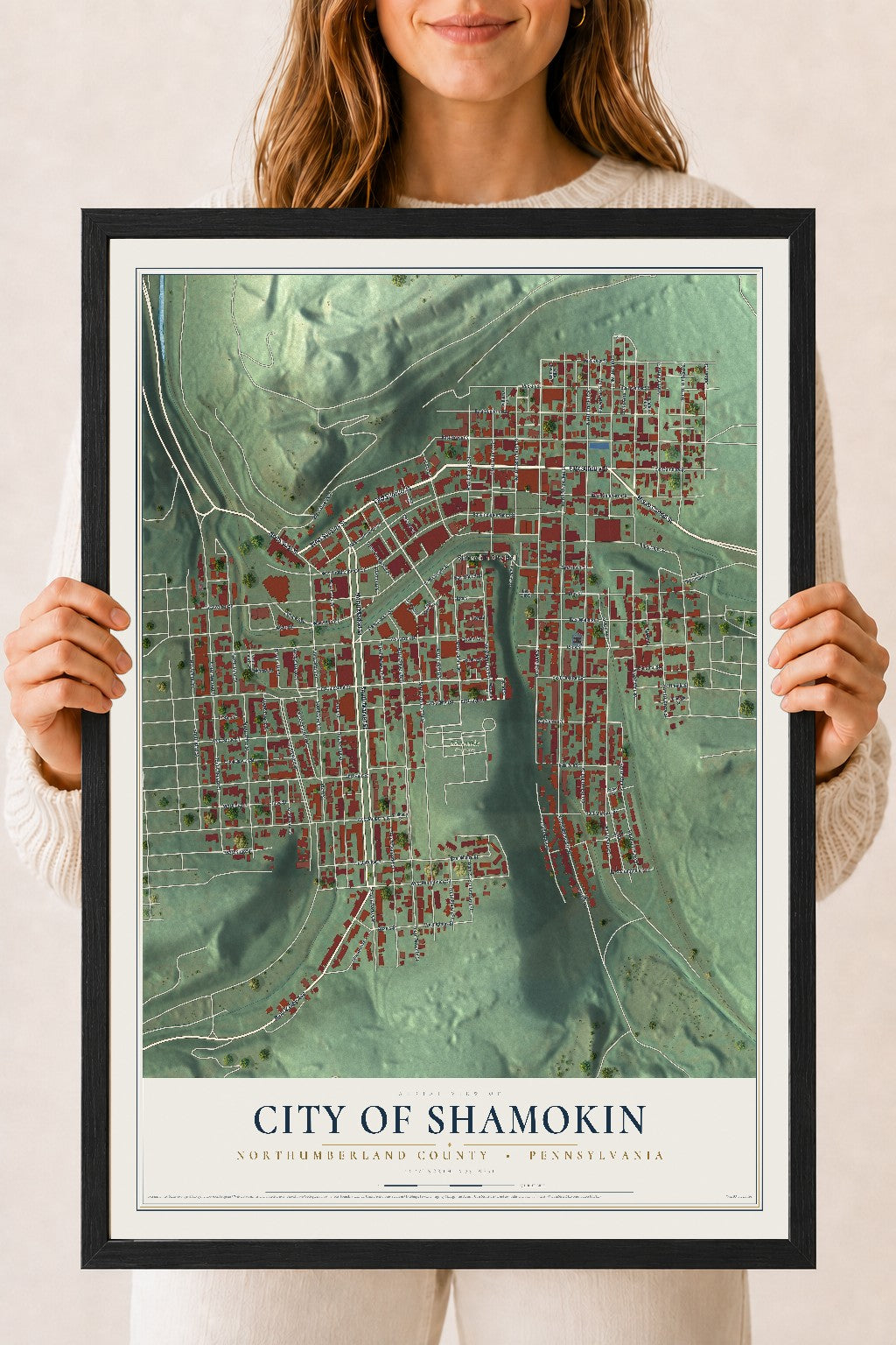 Map of the City of Shamokin, Northumberland County, Pennsylvania, 18 x 24 inch print in a black wood frame