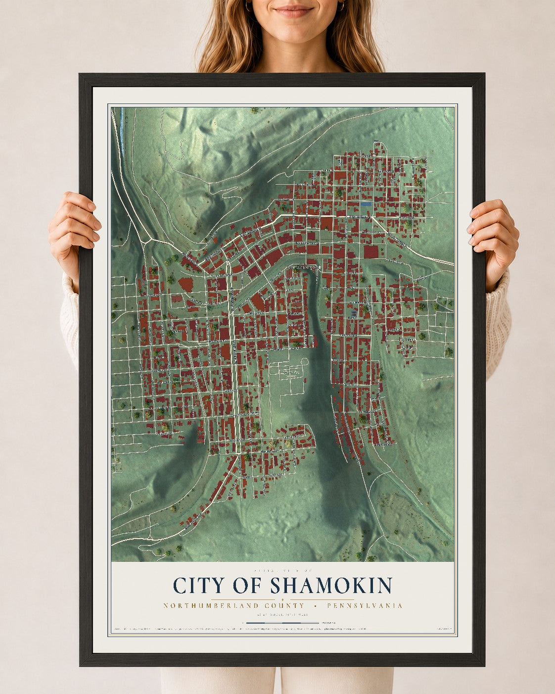 Map of the City of Shamokin, Northumberland County, Pennsylvania, 24 x 36 inch print in a black wood frame