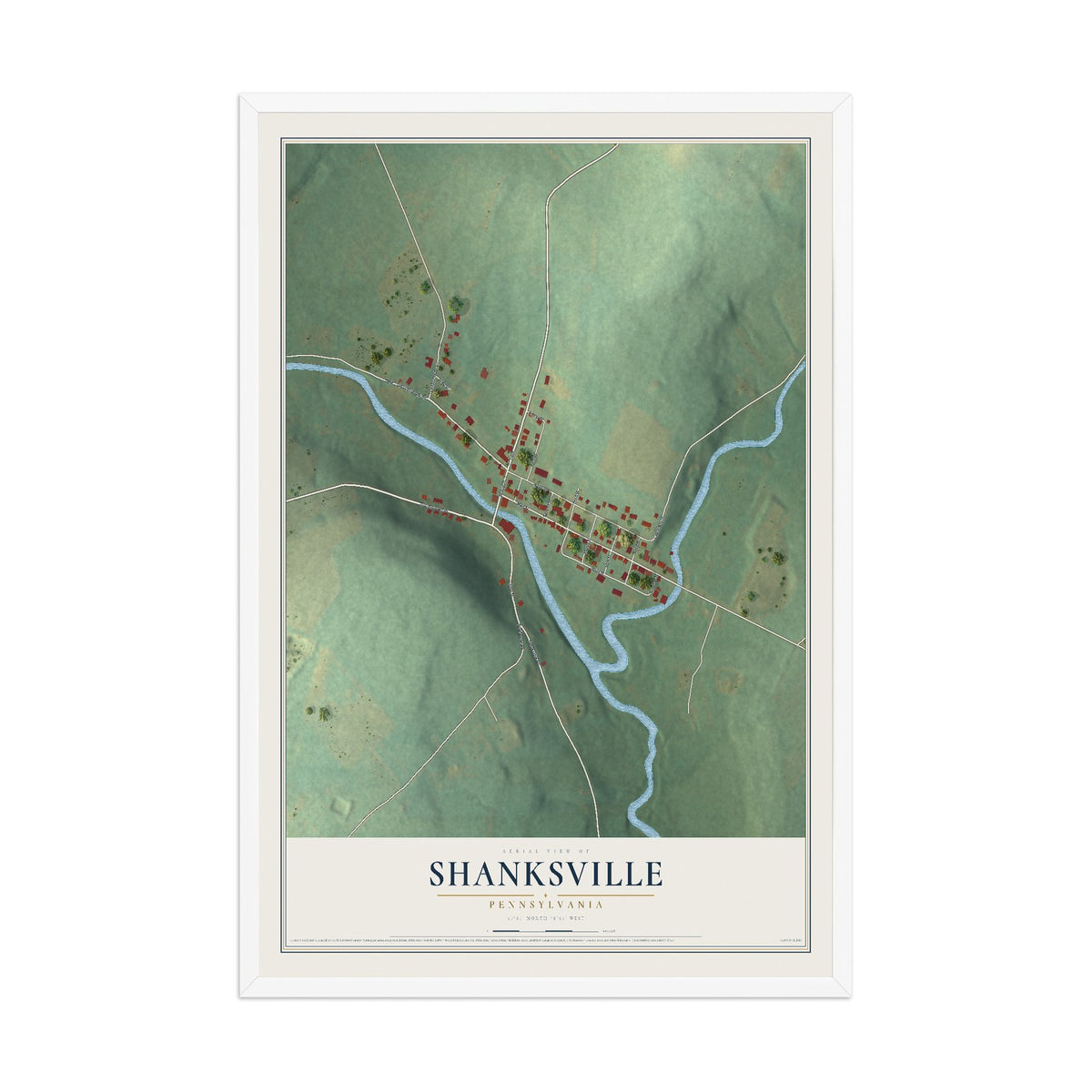 Map of Shanksville, Pennsylvania, 12 x 18 inch print in a white wood frame