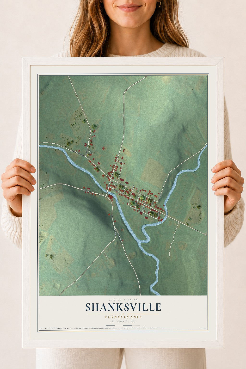 Map of Shanksville, Pennsylvania, 18 x 24 inch print in a white wood frame