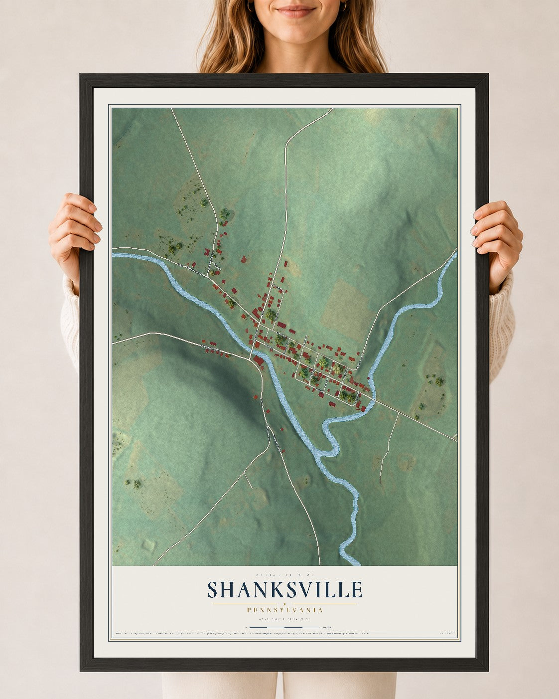 Map of Shanksville, Pennsylvania, 24 x 36 inch print in a black wood frame