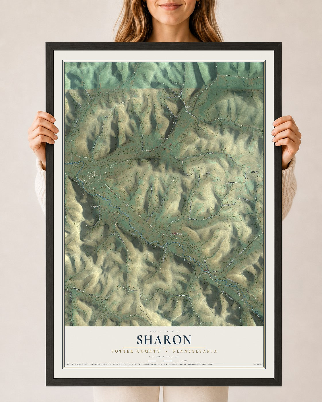 Map of Sharon, Potter County, Pennsylvania, 24 x 36 inch print in a black wood frame