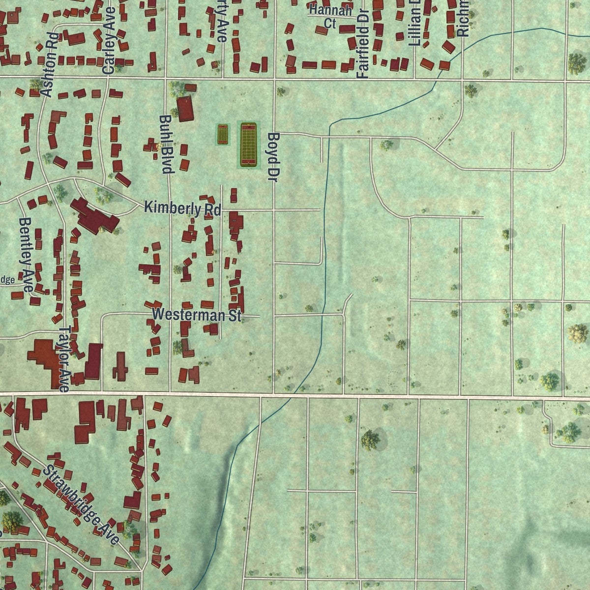Second close-up of the map of Sharon, Mercer County, Pennsylvania print showing more streets and buildings