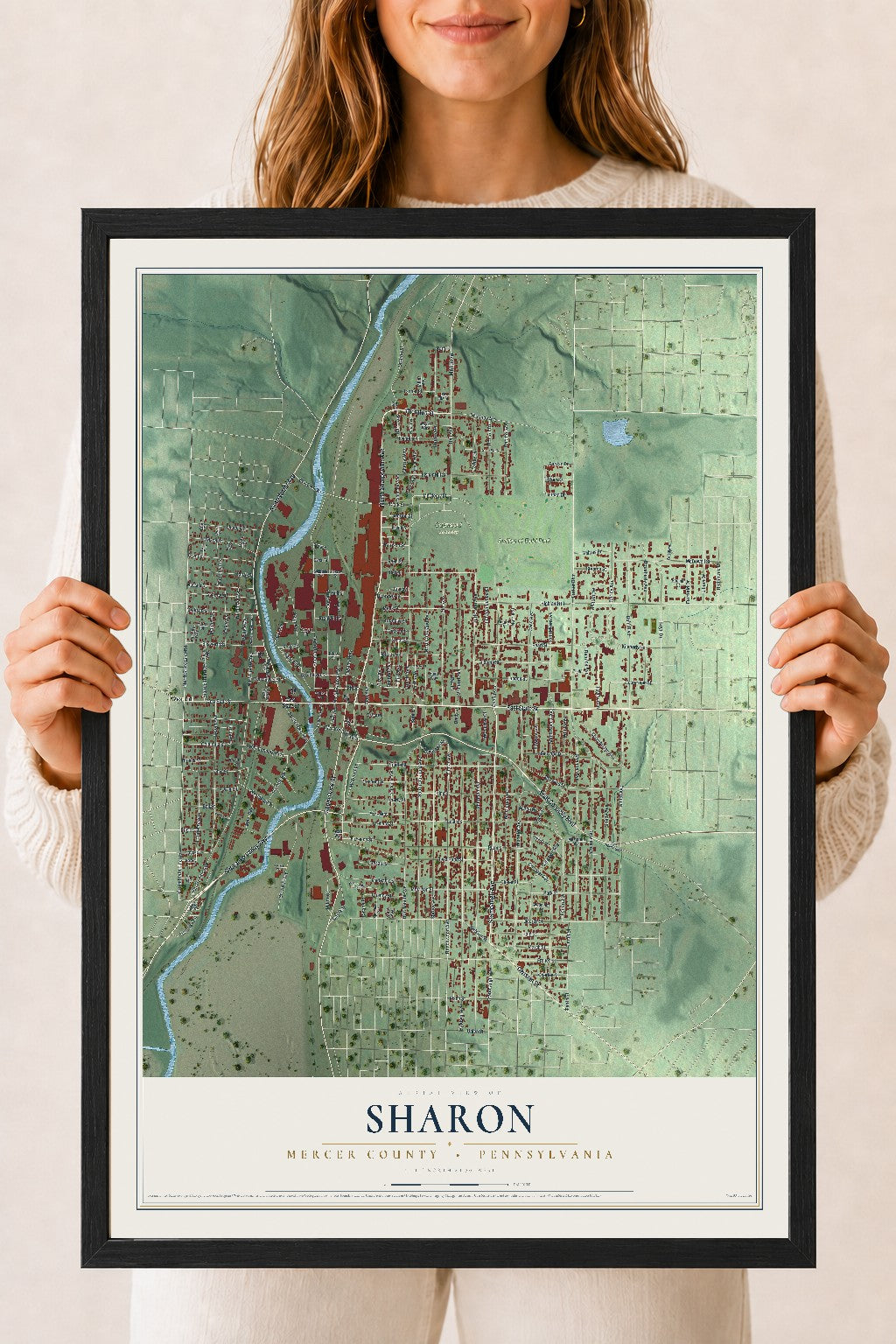 Map of Sharon, Mercer County, Pennsylvania, 18 x 24 inch print in a black wood frame