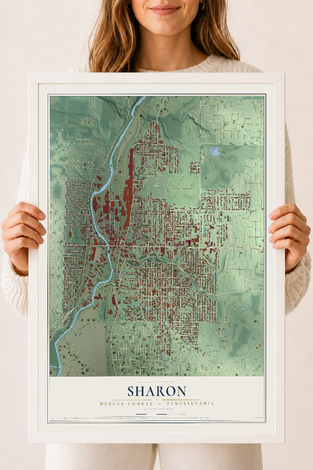 Map of Sharon, Mercer County, Pennsylvania, 18 x 24 inch print in a white wood frame