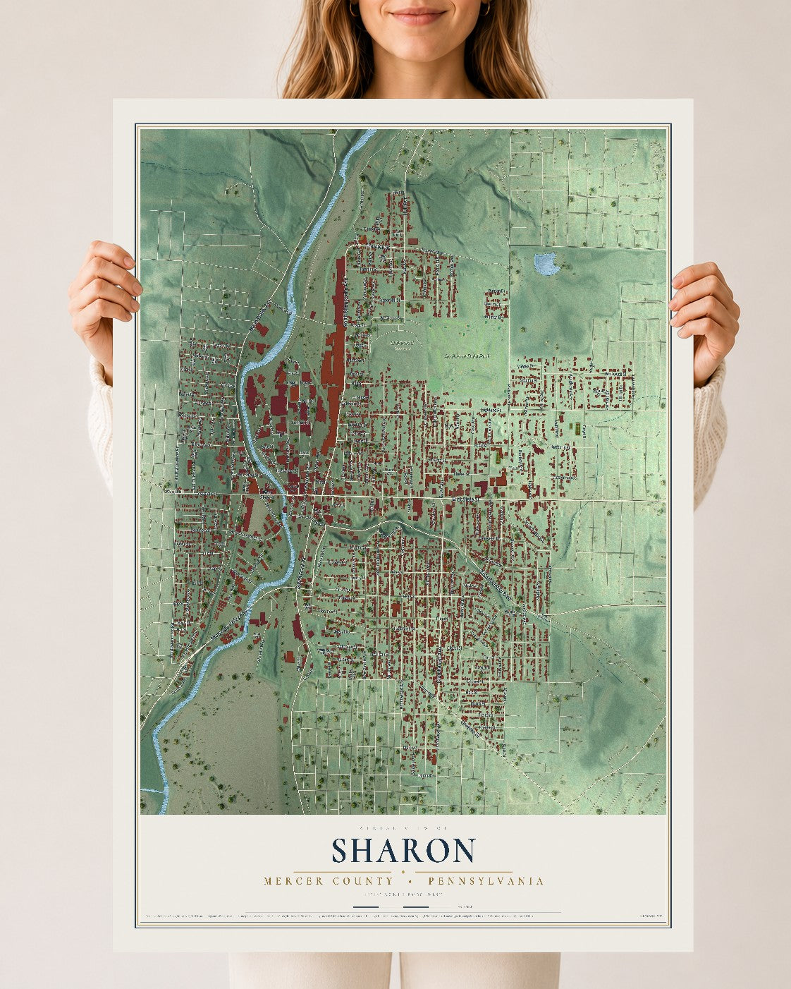 Map of Sharon, Mercer County, Pennsylvania, 24 x 36 inch unframed archival matte print