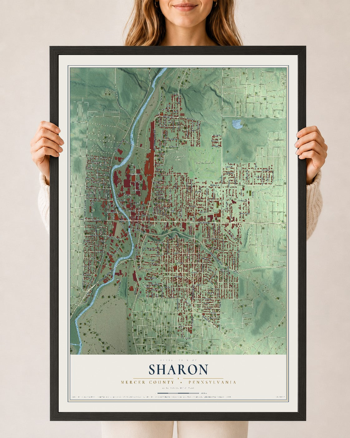 Map of Sharon, Mercer County, Pennsylvania, 24 x 36 inch print in a black wood frame