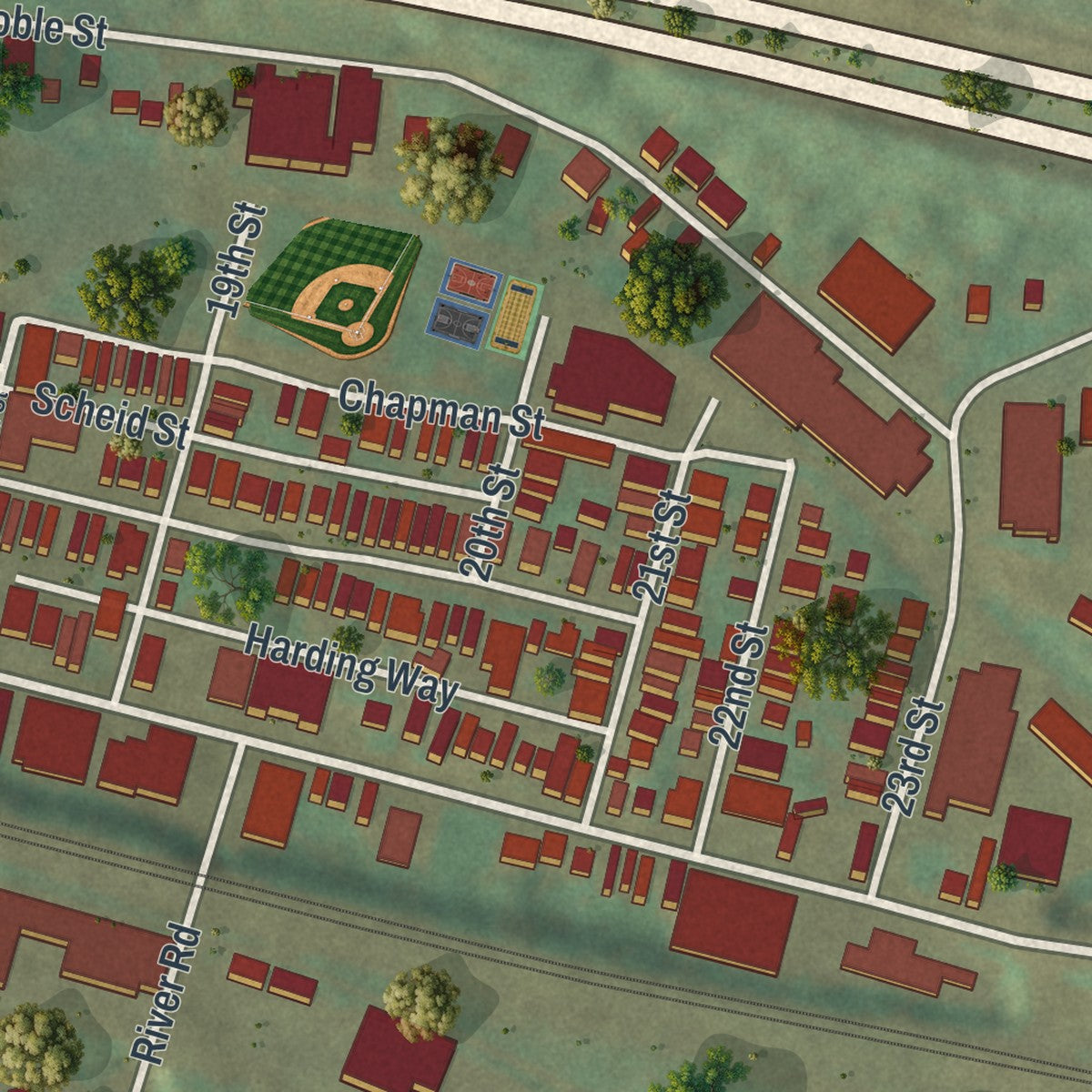Second close-up of the map of Sharpsburg, Pennsylvania print showing more streets and buildings