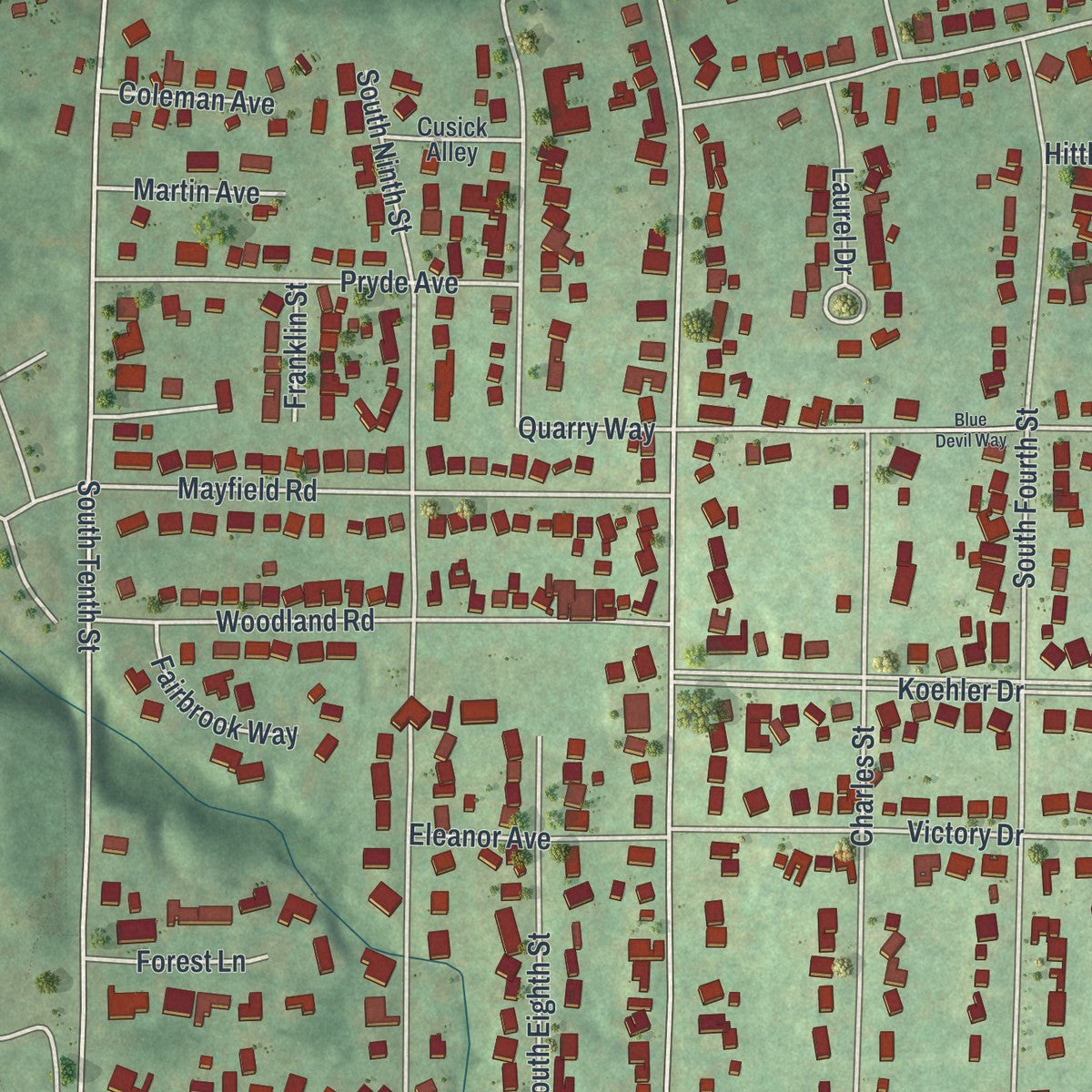 Close-up of the map of Sharpsville, Pennsylvania print showing street and building detail