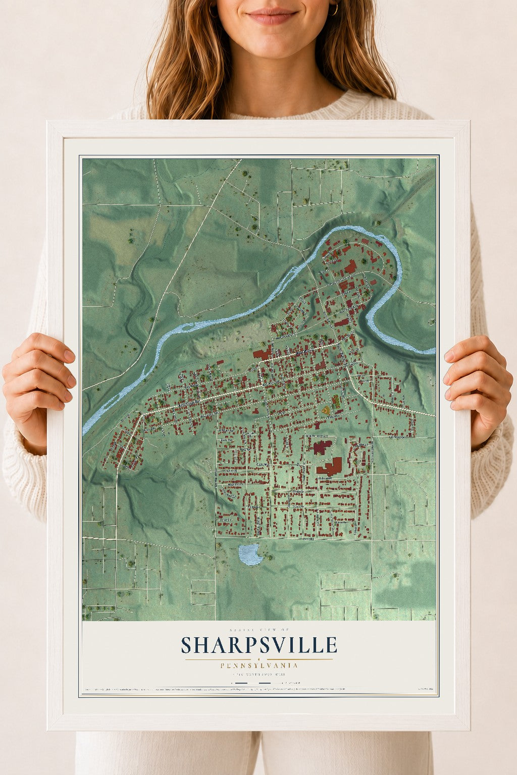 Map of Sharpsville, Pennsylvania, 18 x 24 inch print in a white wood frame