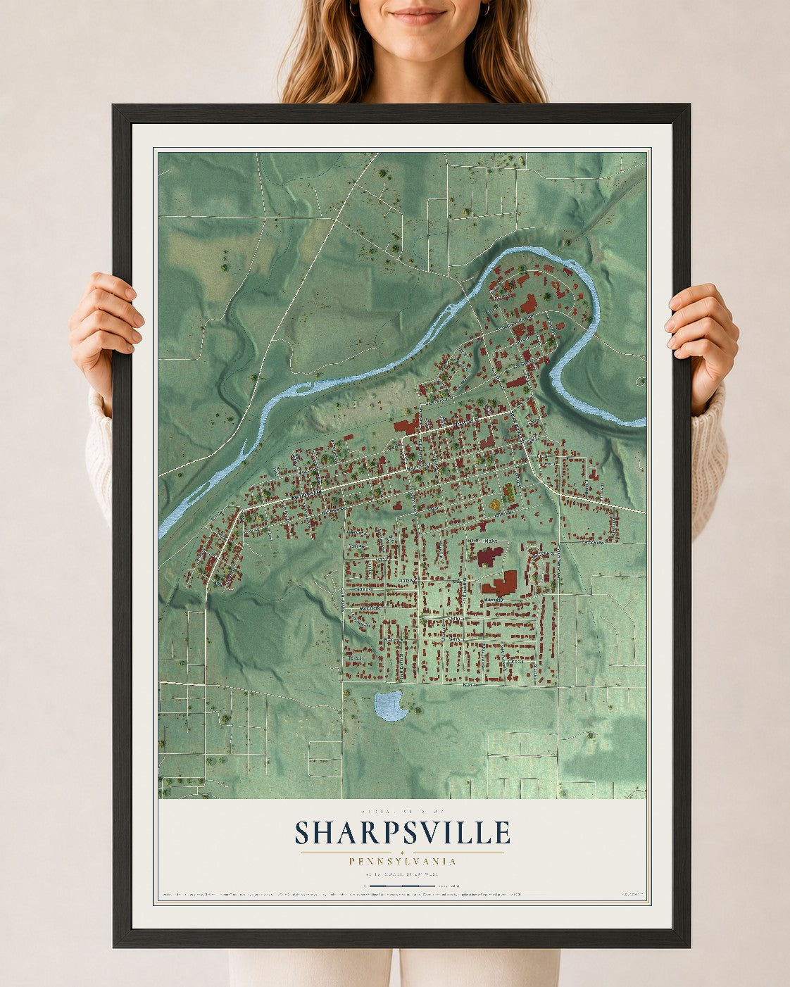 Map of Sharpsville, Pennsylvania, 24 x 36 inch print in a black wood frame