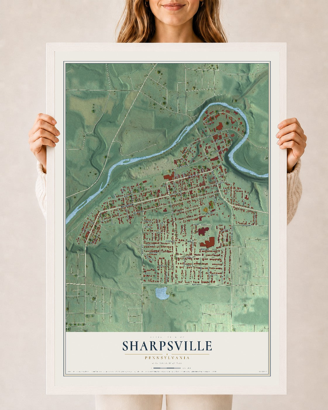 Map of Sharpsville, Pennsylvania, 24 x 36 inch print in a white wood frame