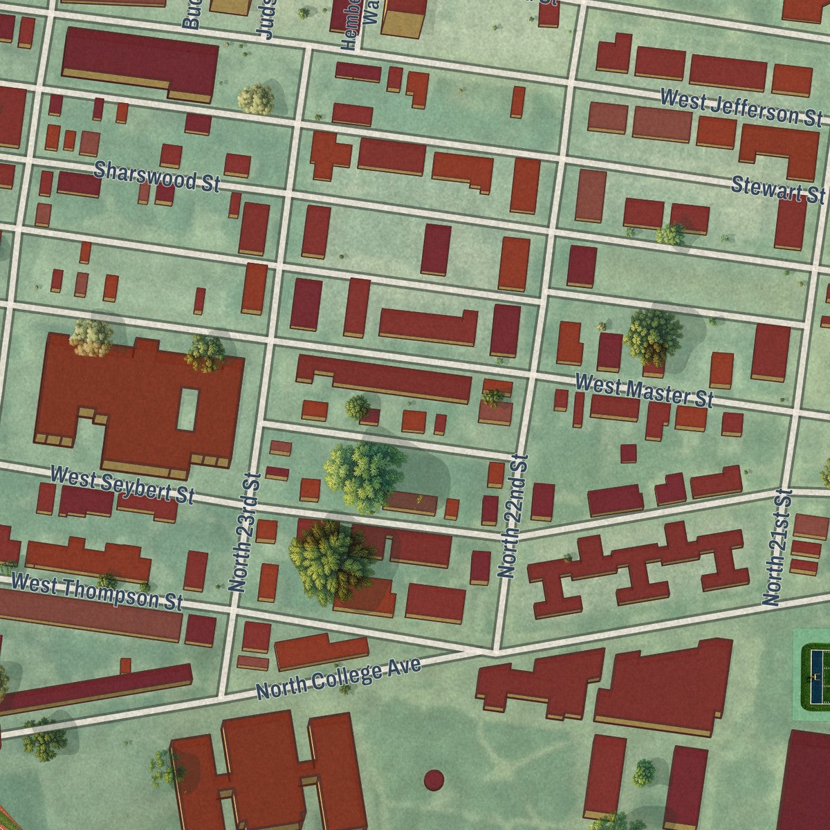 Close-up of the map of Sharswood, Pennsylvania print showing street and building detail