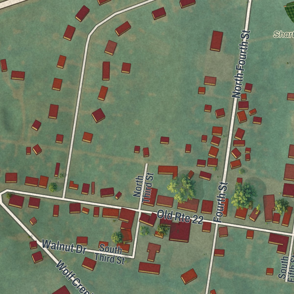 Close-up of the map of Shartlesville, Pennsylvania print showing street and building detail
