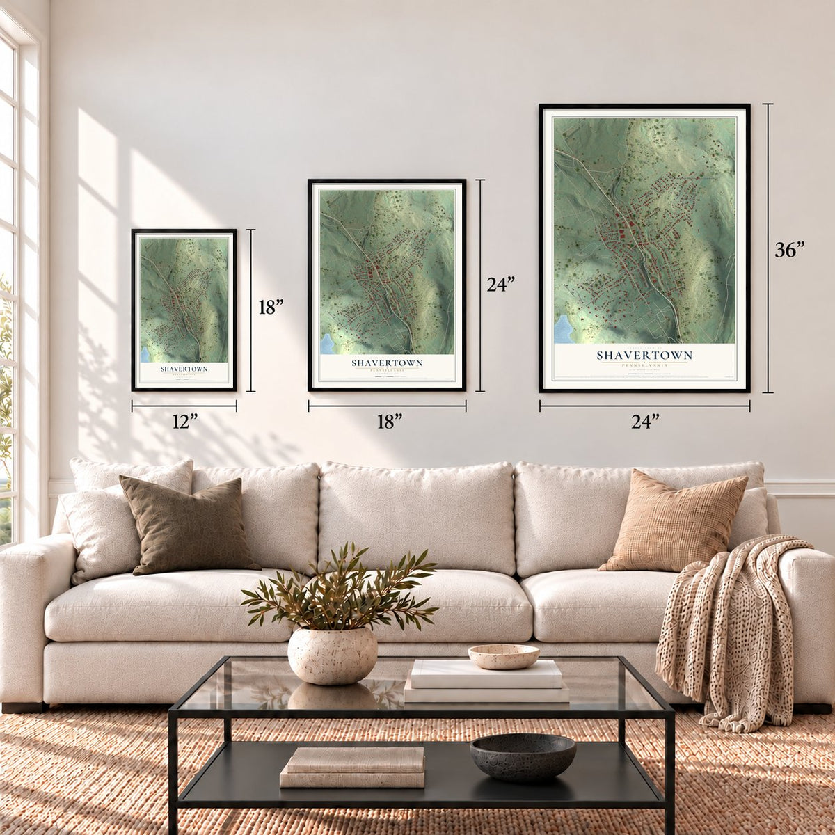 Shavertown, Pennsylvania map in 12 x 18, 18 x 24 and 24 x 36 inch sizes above a sofa