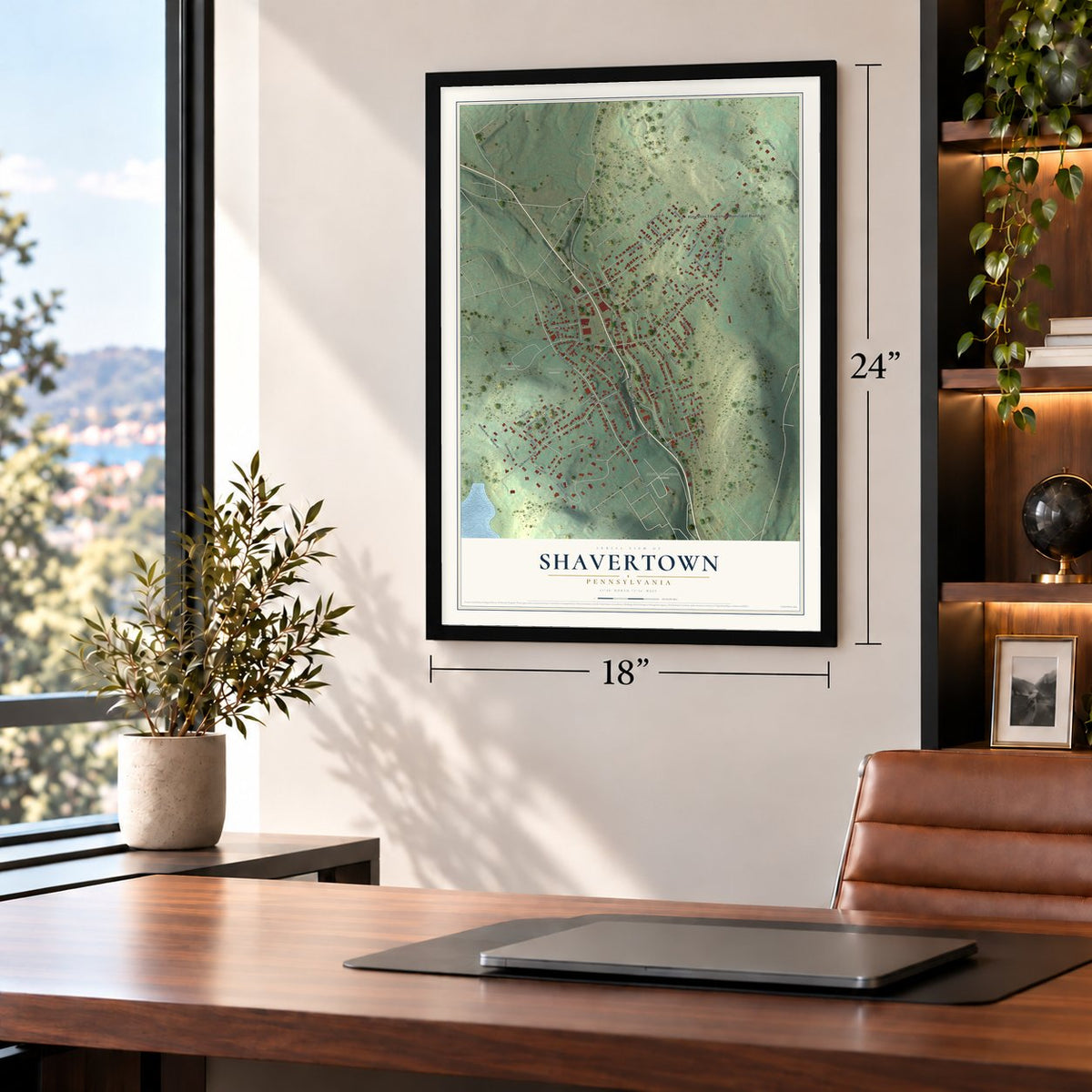 Shavertown, Pennsylvania map, 18 x 24 inch print in a black frame in a home office