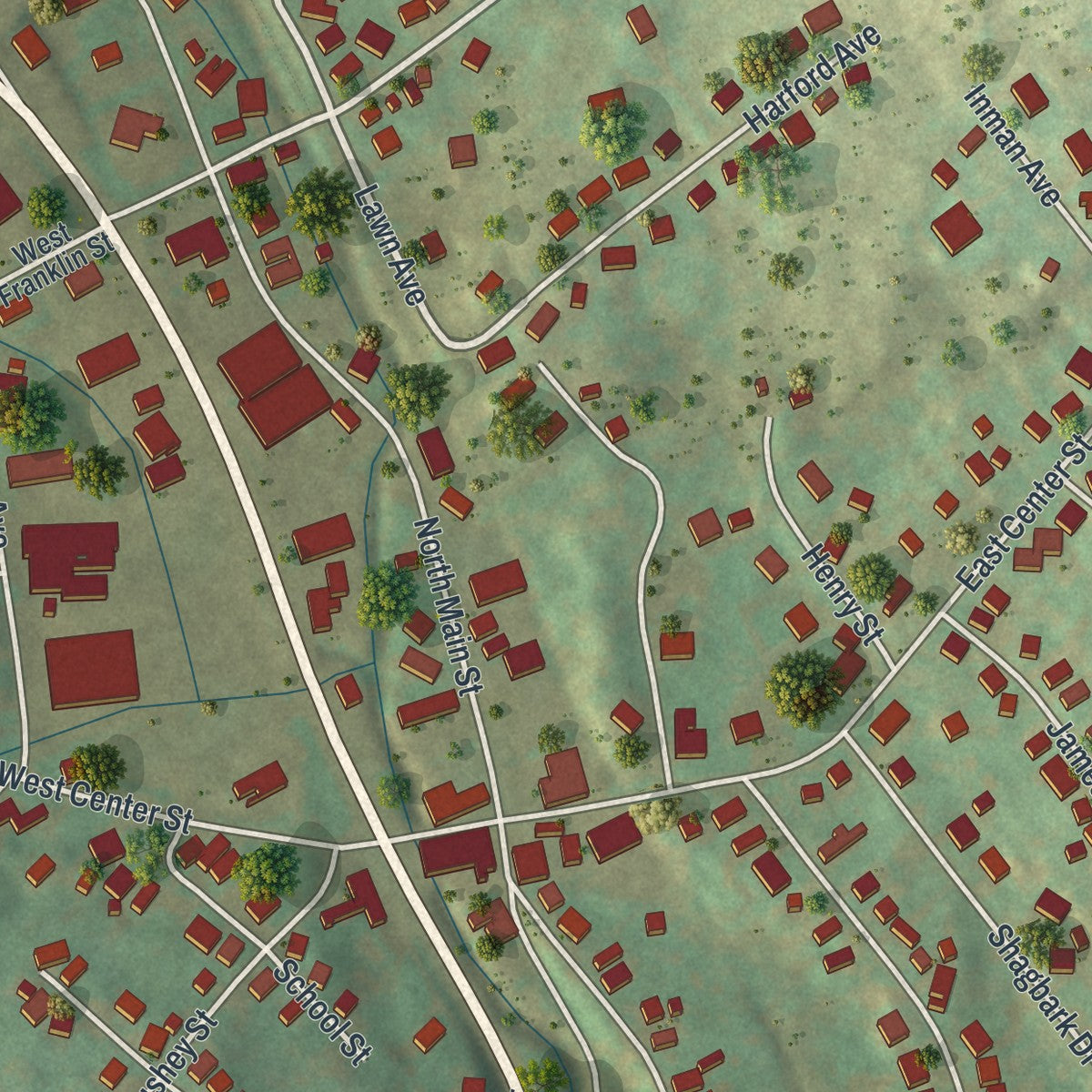 Close-up of the map of Shavertown, Pennsylvania print showing street and building detail
