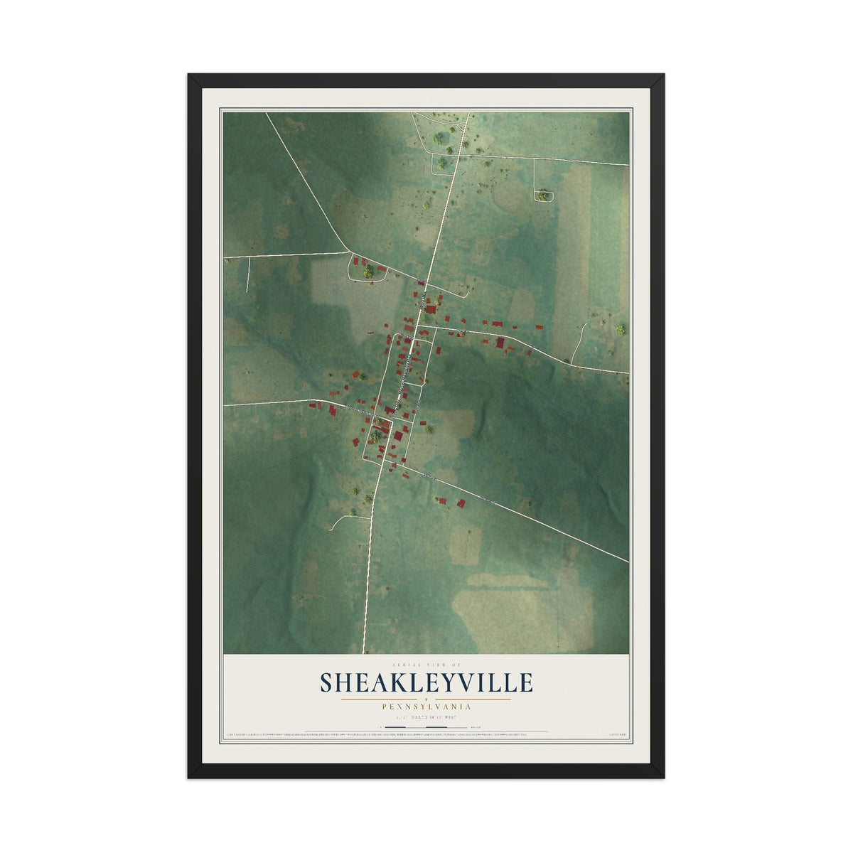 Map of Sheakleyville, Pennsylvania, 12 x 18 inch print in a black wood frame
