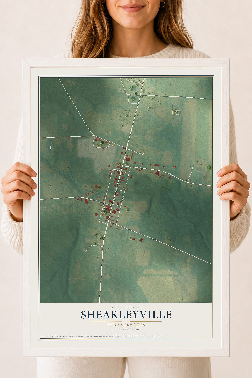 Map of Sheakleyville, Pennsylvania, 18 x 24 inch print in a white wood frame