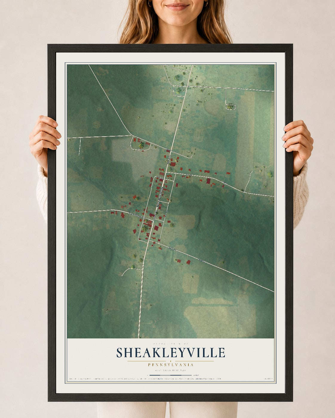 Map of Sheakleyville, Pennsylvania, 24 x 36 inch print in a black wood frame