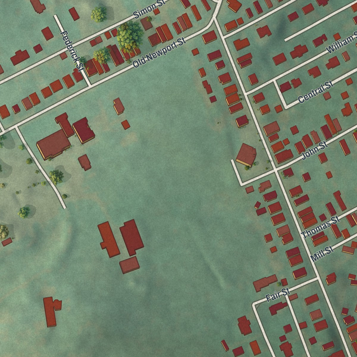 Close-up of the map of Sheatown, Pennsylvania print showing street and building detail