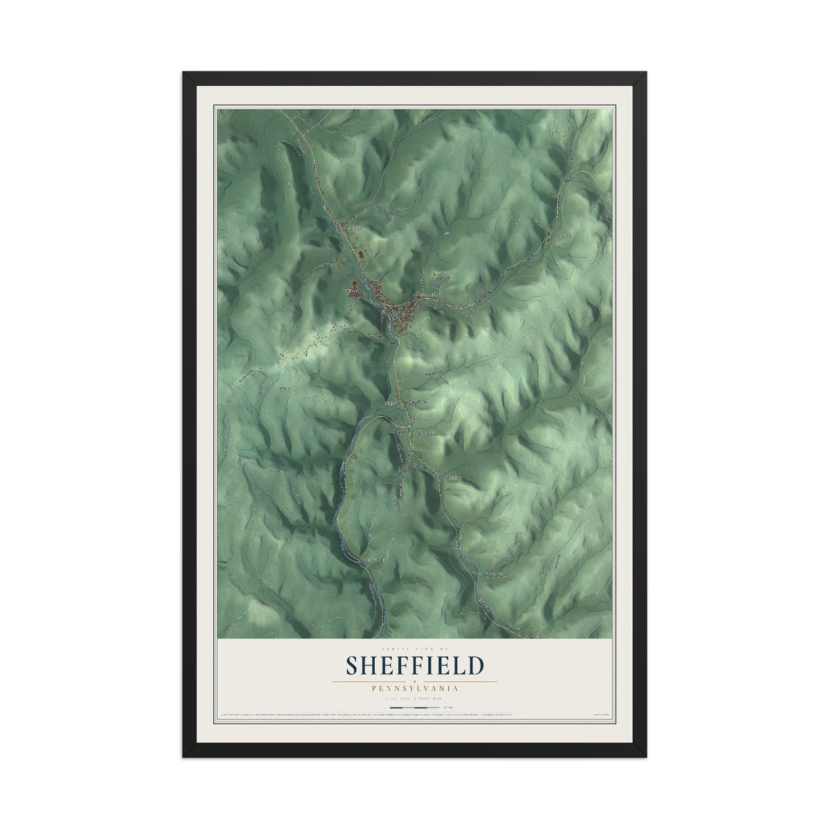 Map of Sheffield, Pennsylvania, 12 x 18 inch print in a black wood frame