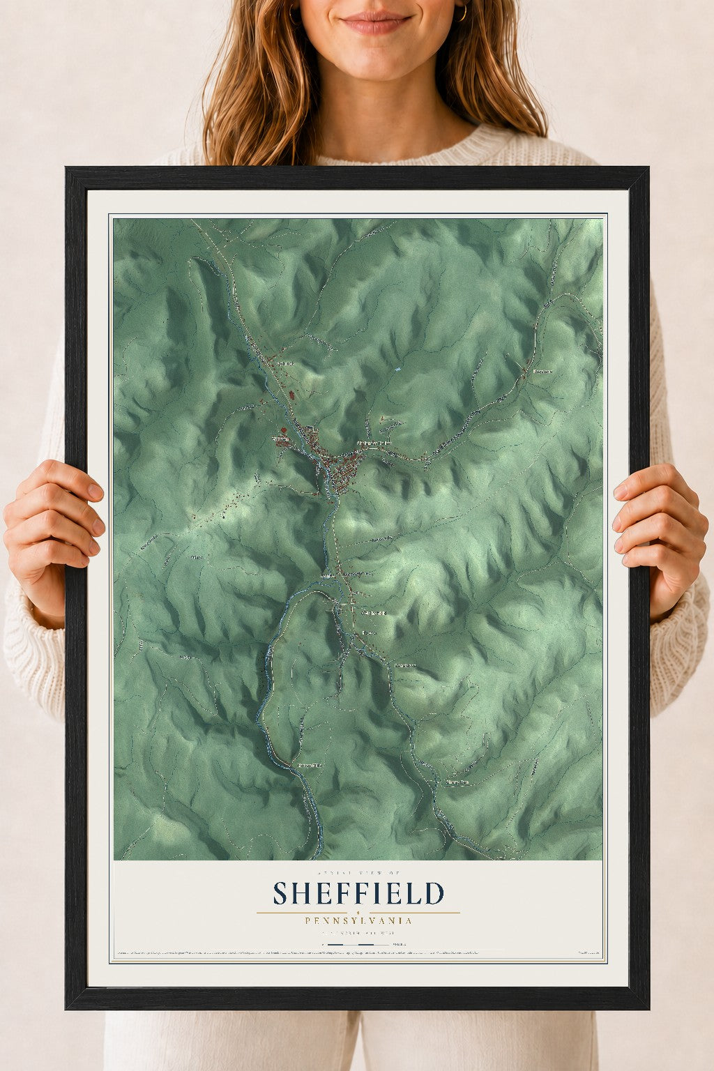 Map of Sheffield, Pennsylvania, 18 x 24 inch print in a black wood frame