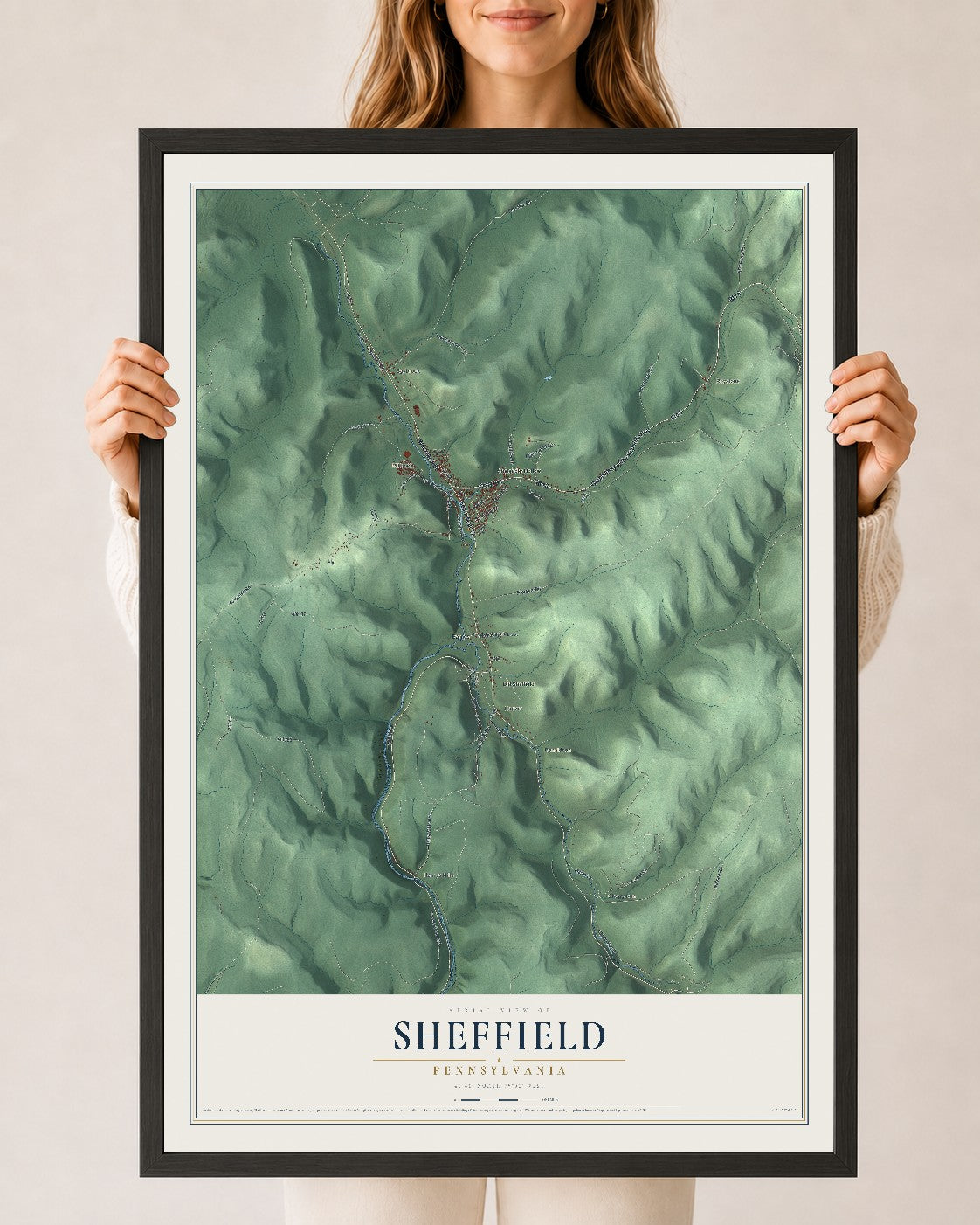 Map of Sheffield, Pennsylvania, 24 x 36 inch print in a black wood frame