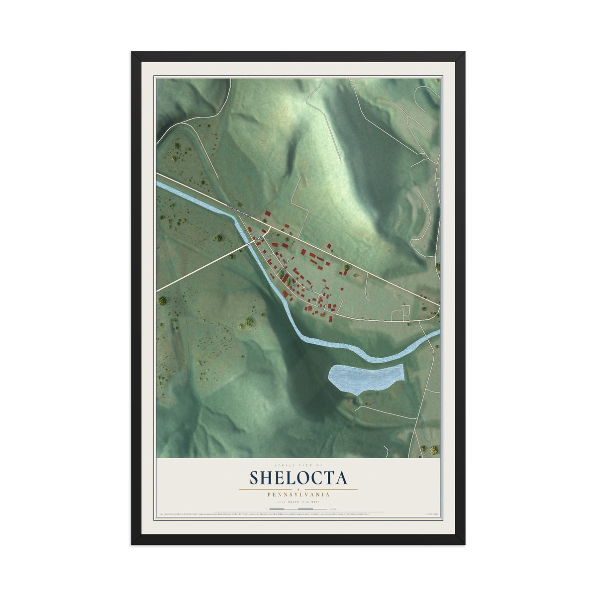 Map of Shelocta, Pennsylvania, 12 x 18 inch print in a black wood frame