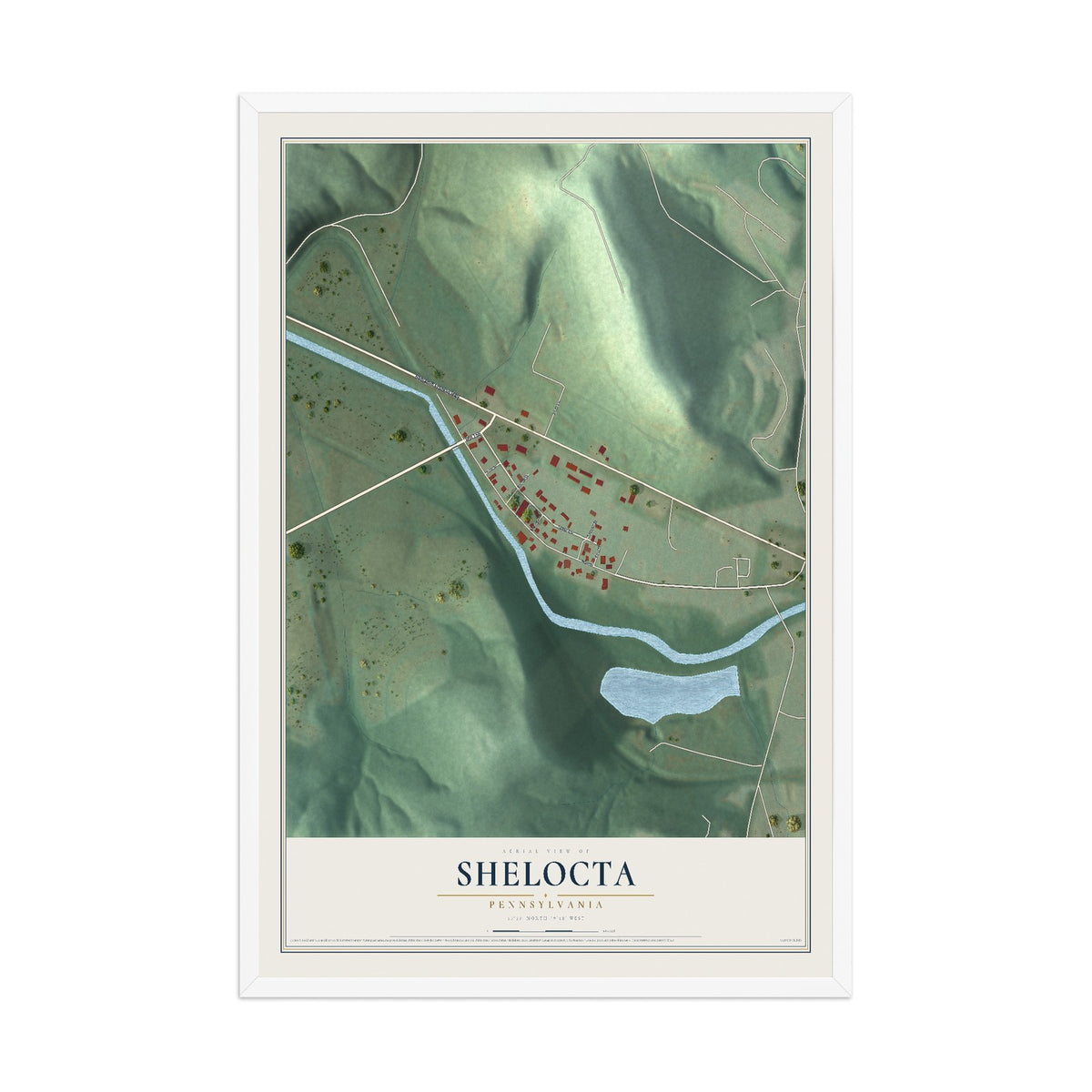 Map of Shelocta, Pennsylvania, 12 x 18 inch print in a white wood frame