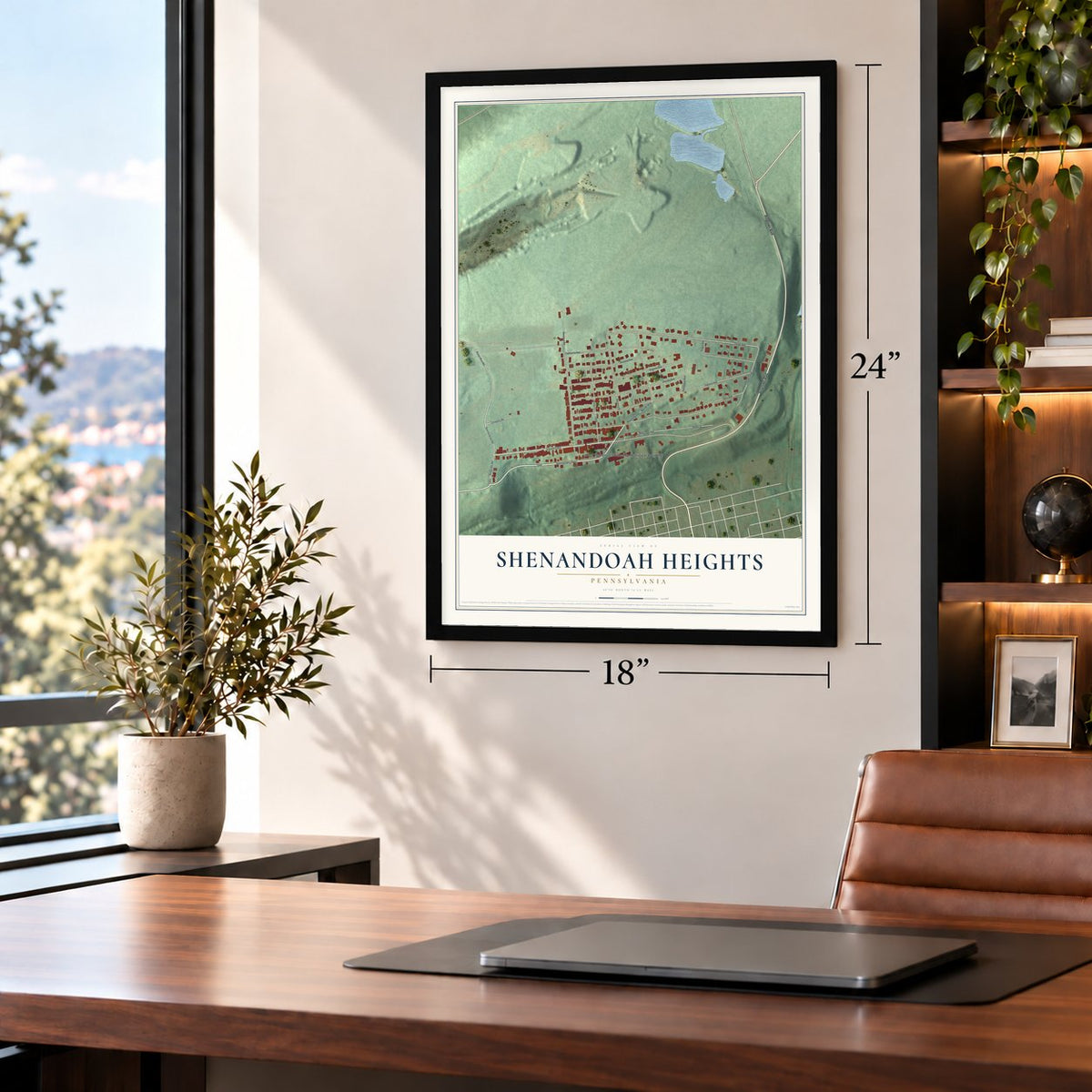 Shenandoah Heights, Pennsylvania map, 18 x 24 inch print in a black frame in a home office