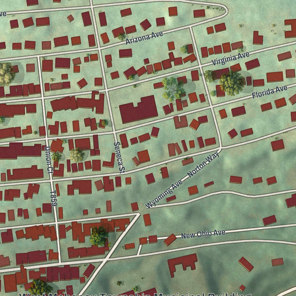 Close-up of the map of Shenandoah Heights, Pennsylvania print showing street and building detail