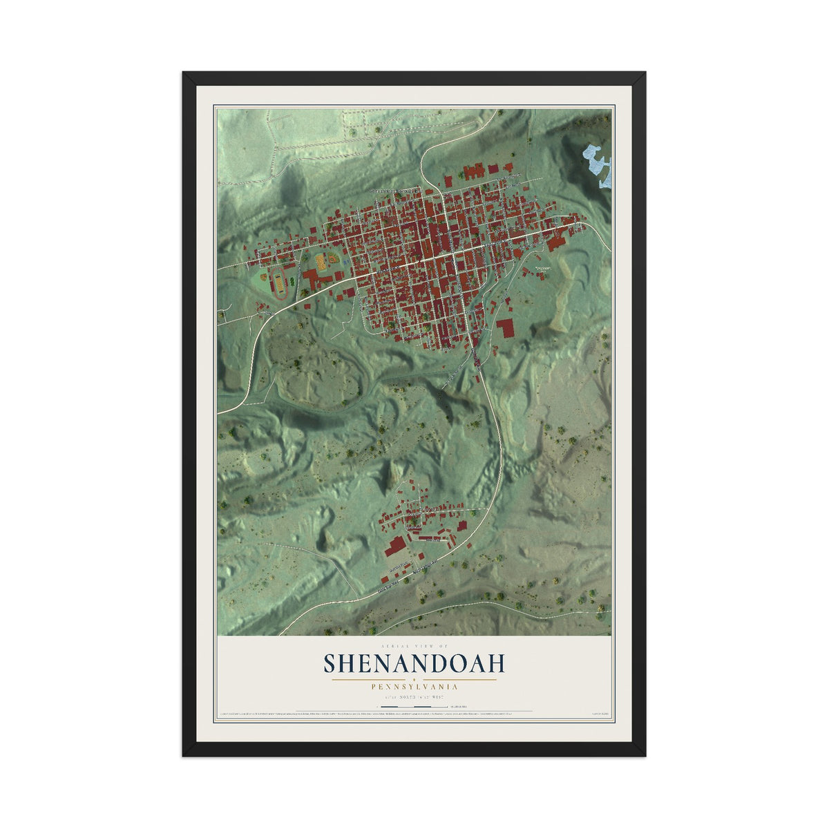 Map of Shenandoah, Pennsylvania, 12 x 18 inch print in a black wood frame