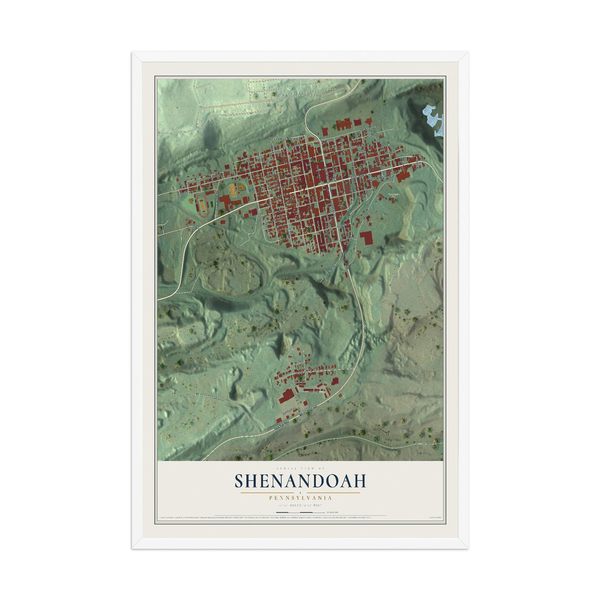 Map of Shenandoah, Pennsylvania, 12 x 18 inch print in a white wood frame