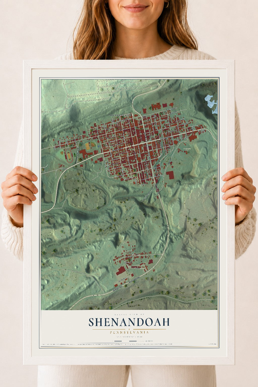 Map of Shenandoah, Pennsylvania, 18 x 24 inch print in a white wood frame